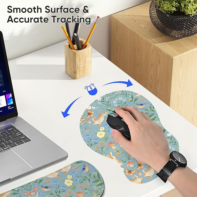 Mouse Pad Wrist Rest Support Keyboard Set Circle Coaster Gaming Mouse Pad Ergonomic Gel Memory Foam Set for Computer, Laptop, Office, Comfortably Typing Rabbit KM-40