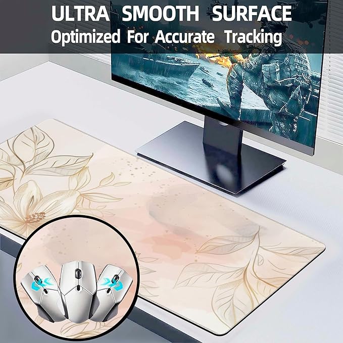 Desk Mat,Minimalist Flowers and Leaves Large Gaming Mouse Pad for Desk XL,Golden Line Floral Desk Pad,Extended Big Computer Keyboard Mouse Pad with Non-Slip Base Stitched Edges 31.5"x11.8"