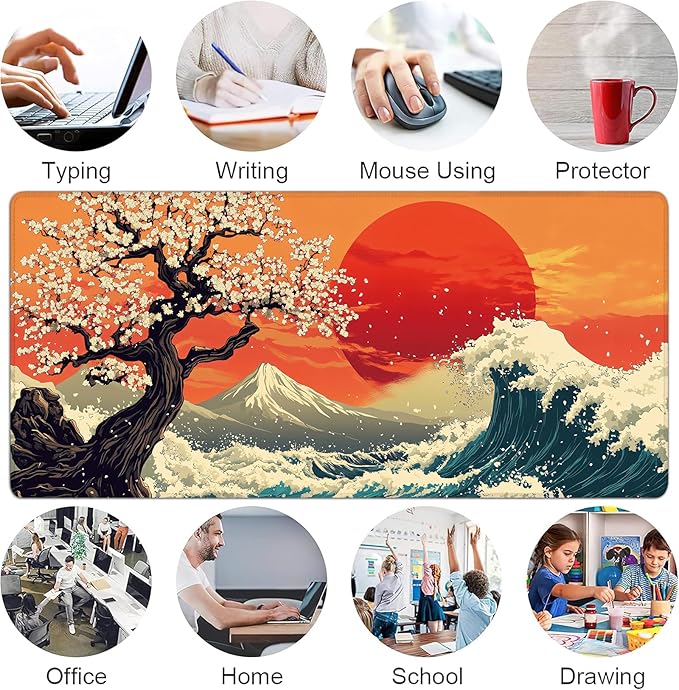 Desk Mat, Japanese Sea Wave XXL 35.4"x15.7"Large Gaming Mouse Pad, 3mm Thick Gaming Keyboard Pad,Desk Pad Non-Slip Rubber Base with Stitched Edges for Office Game Home Decor