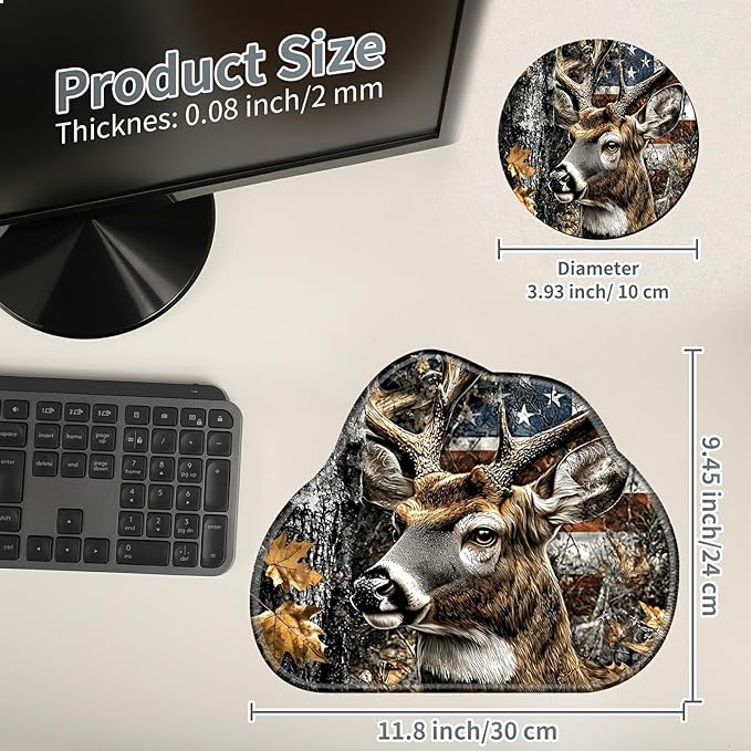 Cute Mouse Pad Plus 1 Coaster, Small Gaming Mouse Mat 11.8 x 9.45 inches, Travel Mouse Pads with Durable Stitched Edges Non-Slip Base, Camo Flag Deer Decor Mousepad for Office Home