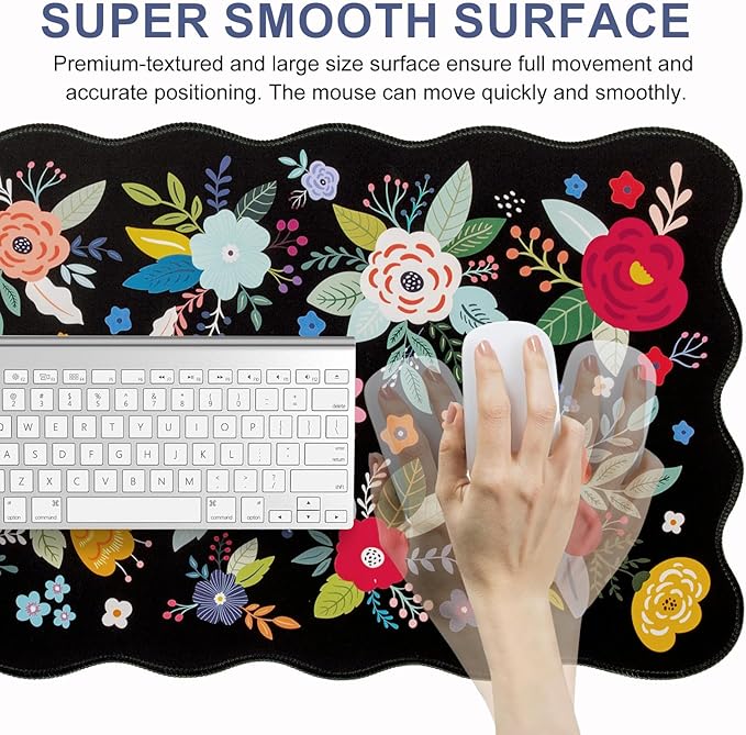 L-SPOUTTO Floral Mouse Pad,Botanical Desk Mat XXL Large Scalloped Gaming Mousepad,35.4x15.7in Non-Slip Rubber Base Keyboard Pad Waterproof Desktop Mat for Laptop Computer Game Home Office-Flowers