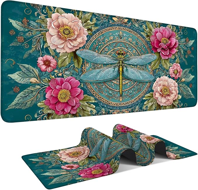 Large Mouse Pad & Keyboard Mat 35x16 Inches, Vintage Peony and Gold Dragonfly Floral Art Non-Slip Rubber Base Desk Mat, Large Extended Desk Protector for Home Office Gaming Setup