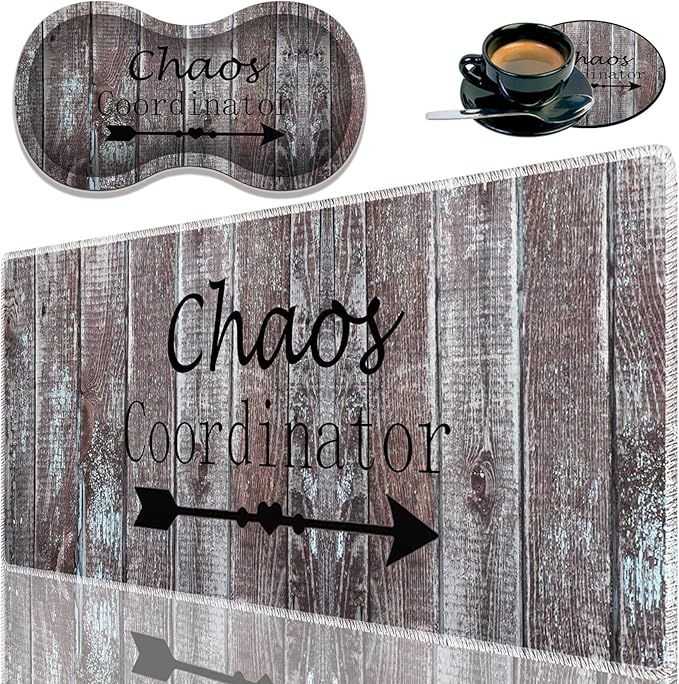 Durable Desk Mat + Wrist Rest Pad + Coasters Set, Large Gaming Office Mouse Pad 31.5 "x 11.8", Extended Non-Slip Rubber Keyboard Pad, Laptop & Home, Chaos Coordinator