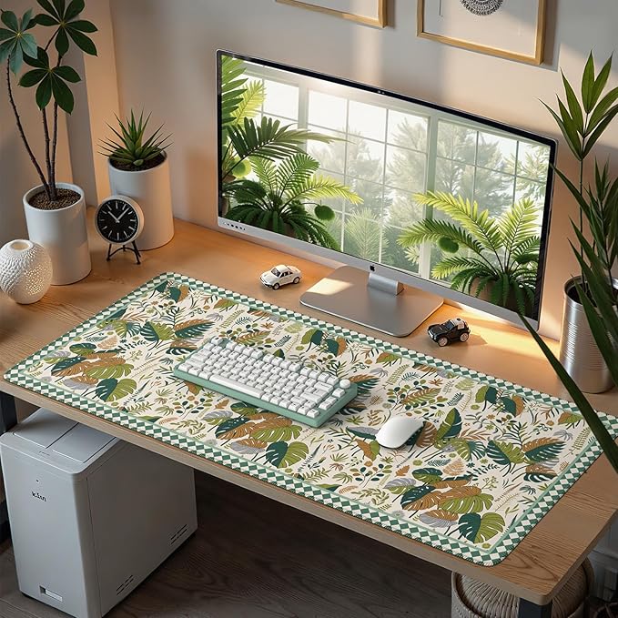 Large Mouse Pad for Desktop, Cute Desk Mat Pad Protector for Work & Gaming, Aesthetic Pretty Anti-Slip Laptop Blotter Cover for Office School Home Supplies, Green Leaves, 35.4" x 15.7"