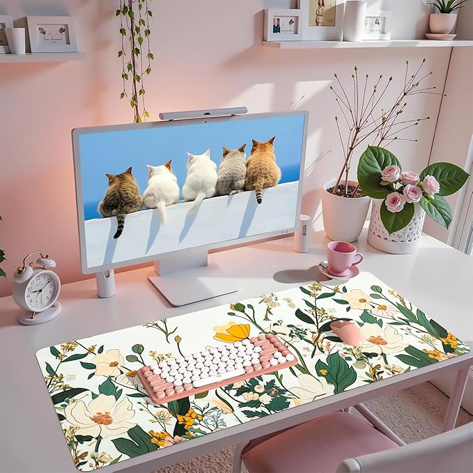 Flower Desk Mat, Desk Matt for Desktop, Leather Mouse Pad, Waterproof Large Keyboard Pad, Anti-Slip Computer mat, Keyboard and Mousepad for Women Office Decor (31.5"x15.7")