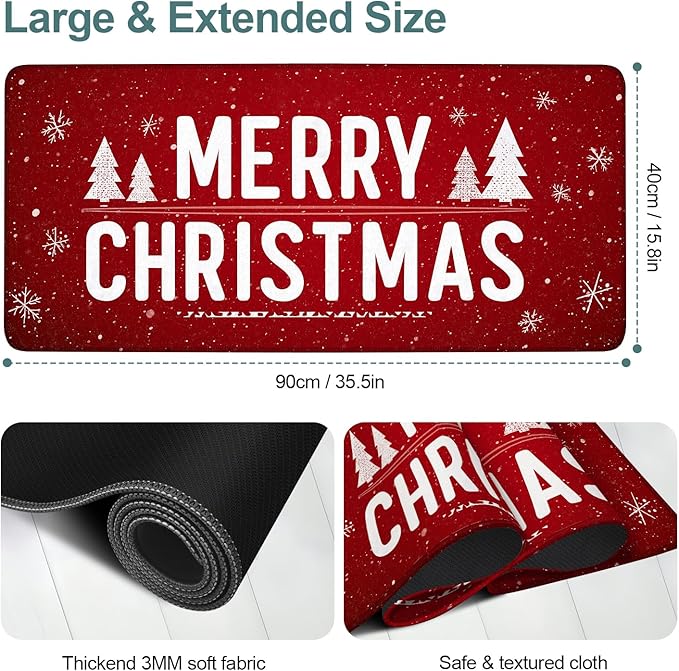 Merry Christmas Extended Gaming Mouse Pad 35.4x15.7Inch Large Desk Mat Anti-Slip Rubber Base & Durable Stitched Edges for Gamers Smooth Mouse Writing Surface for Desk Office/Home