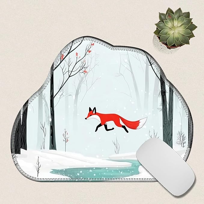 Cute Mouse Pad Plus 1 Coaster, Small Gaming Mouse Mat 11.8 x 9.45 inches, Travel Mouse Pads with Durable Stitched Edges Non-Slip Base, Winter Forest Fox Decor Mousepad for Office Home