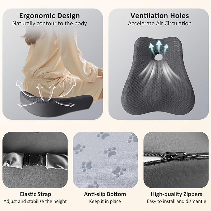 Seat Cushion, Lumbar Support Pillow for Office Chair, Memory Foam Coccyx Seat Cushion, Ergonomic Mesh Back Support Pillow, Office Desk Chair Cushion for Coccyx, Back & Tailbone Support, Grey