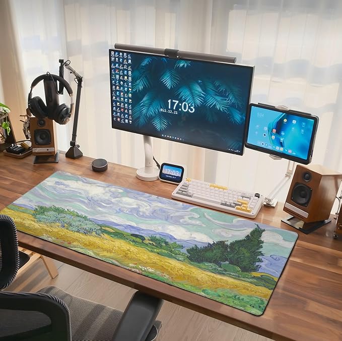 Van Gogh Wheat Field with Cypresses Mouse Pad Extended Large Gaming Mousepad XL Big Long Oversized Desk Mat Stitched Edges 31.5 X 11.8 Inch for Home Office