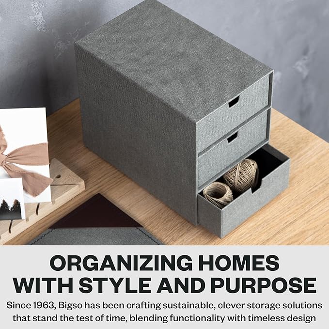 Bigso Box of Sweden Ingrid 3-Drawer Canvas Fiberboard Desk Organizer for Office Supplies and Accessories - Stackable Makeup Drawer Organizer - 6.3in x 9.9in x 8.1in - Grey (Pack of 2)