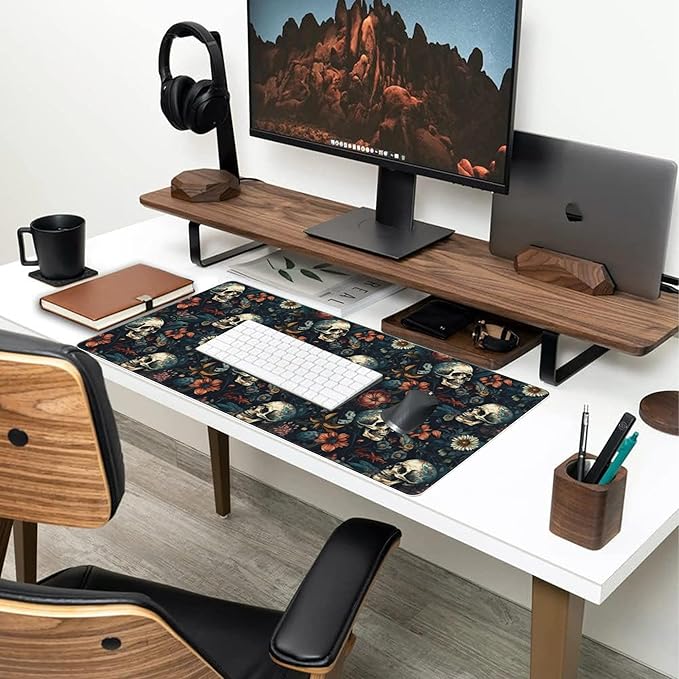 Desk Mat,Skulls with Flowers Large Gaming Mouse Pad for Desk XXL,Skull Floral Desk Pad for Desktop,Extended Big Computer Keyboard Mouse Pad with Non-Slip Base and Stitched Edges 35.4"x15.7"