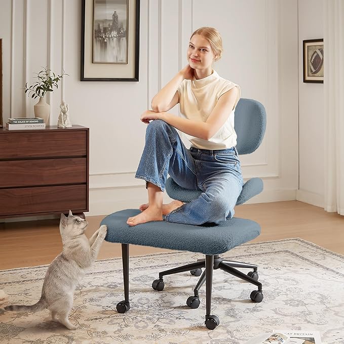Ergonomic Cross Legged Chair for ADHD, Meditation Chair with 360° Swivel Wheels, Kneeling Office Chair with Back Support, Strong Lumbar Support, Teddy Fabric, Bule