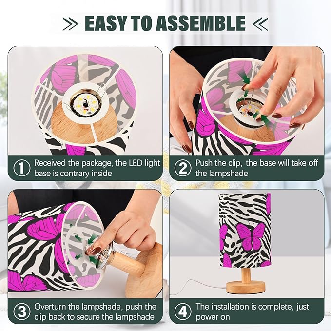 Zebra Butterfly LED Table Lamp, Bedside Lamp with Linen Lampshade, Flicker-Free Eye Care USB Plug in Nightstand Lamp, for Bedroom and Office