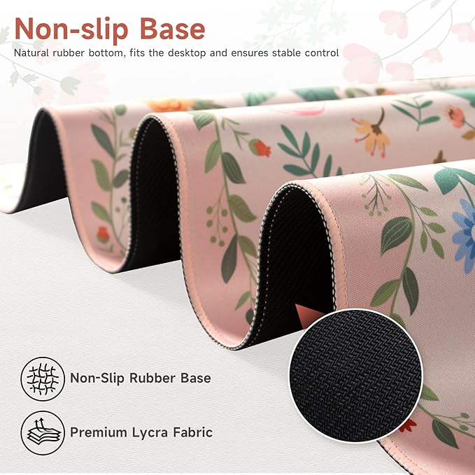 HAOCOO Pink Floral Desk Matt for Desktop, Waterproof Cute Desk Pad Mat, Cute Keyboard Mat, Non-Slip Mouse Pad with Stitched Edges, Computer Mat for Desktop
