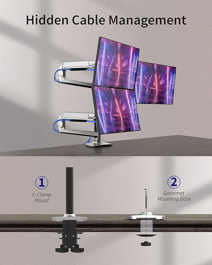 Heavy Duty Triple Monitor Mount, Mechanical Spring 3 Monitor Arm for Ultrawide & Curved Screens, Fits Three 13-40 Inch Displays up to 25 lbs Per Arm, Premium Aluminum VESA Stand, Silver