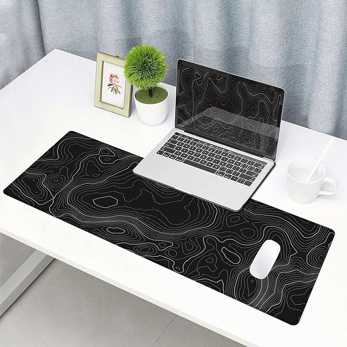 Gaming Mouse Pad, Large Topographic Mouse Pads for Desk, Non-Slip Rubber Base Mousepad, Keyboard Mouse Mat, Desk Pad with Stitched Edges, 31.5x11.8inch, Black Geographic Lines