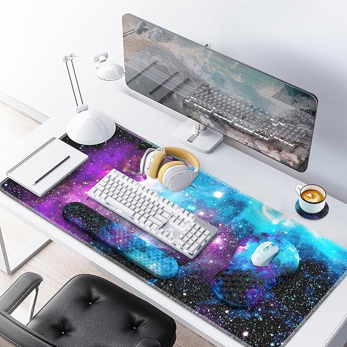 Desk Mat with Wrist Support, Desk Pad for Keyboard and Mouse, Purple Desk Mat, Keyboard Pad and Mouse Pad Combo, Ergonomic Mousepad Gaming for Office, Galaxy Space Purple Nebula