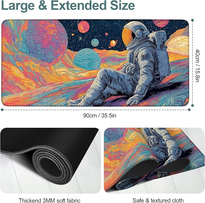 Astronaut Extended Gaming Mouse Pad 35.4x15.7Inch Large Desk Mat Anti-Slip Rubber Base & Durable Stitched Edges for Gamers Smooth Mouse Writing Surface for Desk Office/Home