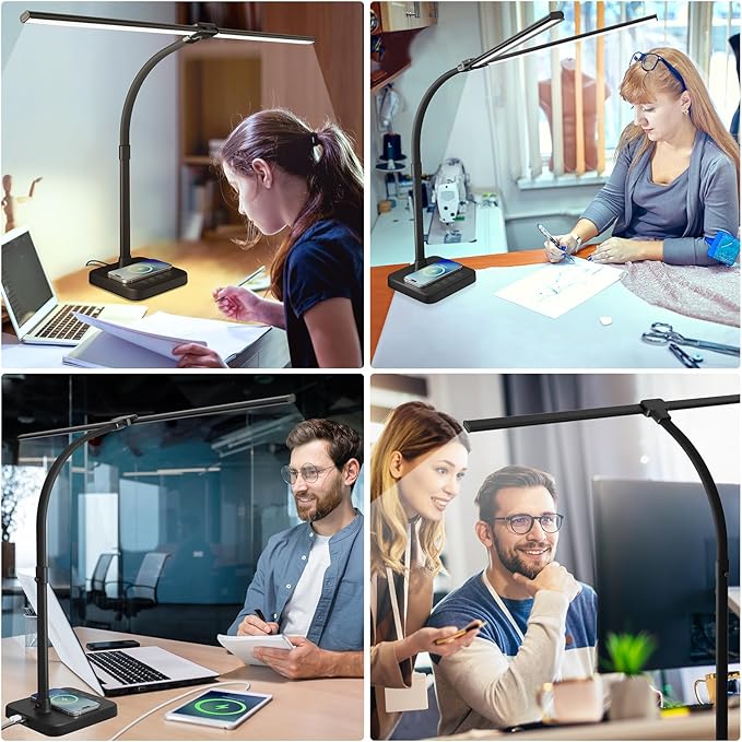 ShineTech LED Desk Lamp for Home Office, 24W Double Head Desk Light with Wireless Charging, USB Port, Adjustable Lamps, 5000K Daylight White