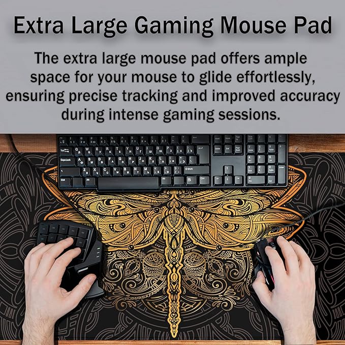 Gaming Desk Mats Gold, Desk Mouse Pad Extra Large Mouse Pads, Pad for Mouse Non-Slip Rubber Base Waterproof with Stitched Edges, 35.4 X 15.7 inch for Work/Game/Office/Home Dragonfly Mandala