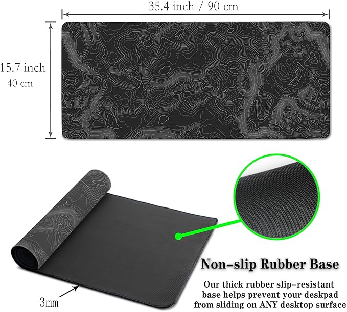 Computer Desk Pad - Black and White, Gaming Keyboard and Mouse Pad, Non-Slip Rubber Base, 35.4 X 15.7 inch for Work/Game/Office Topographic Map