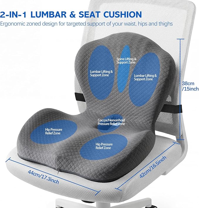 Office Chair Cushion for Tailbone & Back Support, Strong Lumbar Support Ergonomic Cushions, Comfortable Memory Foam Cushion for Pressure Relief, Suitable for Office Chairs, Home Chairs, Car