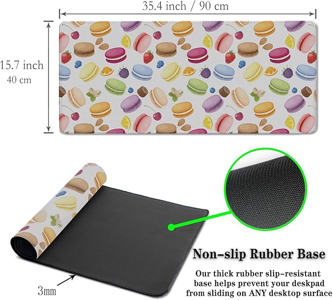 XXL Mousepad Macarons Gaming Mousepads Computer Desk Accessories for Women Keyboard Pads Ga Mouse Pad Non-Slip Rubber Base 35.4 X 15.7 for Game Office, Cake and Various Fruits