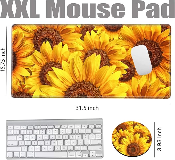 Sunflower Mouse Pad Large Desk Mats on Top of Desks Pad 31.5''x 15.75''inch Gaming Mousepad Long Extended Desk Protector Mat Full Laptop Mat for Wireless Mouse Non Slip Work Computer