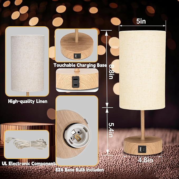 Bedside Table Lamp for Bedroom - 3 Way Dimmable Touch Lamp USB C Charging Ports and AC Outlet, Wood Base Round Flaxen Fabric Shade for Living Room, Desk,E26 Bulb Included