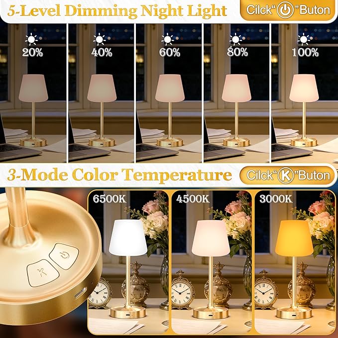 Small Shower Lamp Waterproof: Table Lamp with 4000mAH Battery - Rechargeable 3 Dimmable Cordless LED Lamp for Desk Bedroom Living Room Bathroom - Gold Touch Light for Parents Kids