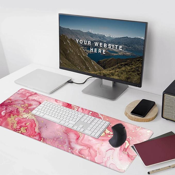 Desk Mat, Pink Marble XXL 35.4"x15.7"Large Gaming Mouse Pad, 3mm Thick Gaming Keyboard Pad,Desk Pad Non-Slip Rubber Base with Stitched Edges for Office Game Home Decor