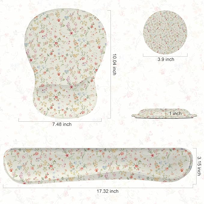 Wrist Rest Support for Mouse Pad Keyboard Set Circle Coaster Gaming Mouse Pad Ergonomic Gel Memory Foam Set for Computer, Laptop, Office, Comfortably Typing Flowers KM-39