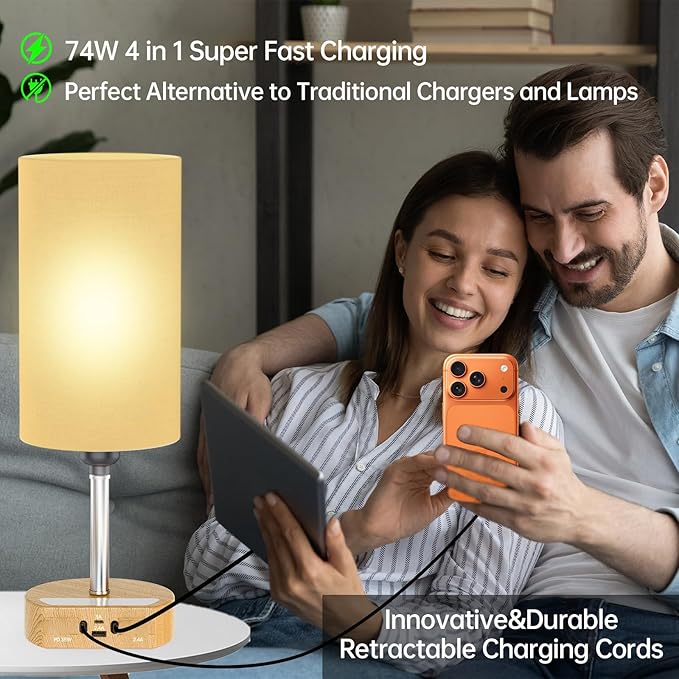Bedside Lamp with Charging Station 74W【2 * 3.94ft Retractable Cords & 2 USB Ports】, 3 Way Dimmable Touch Lamps for Nightstand with LED Bulb, Small Desk Lamp, Set of 2, Yellow Wood Grain