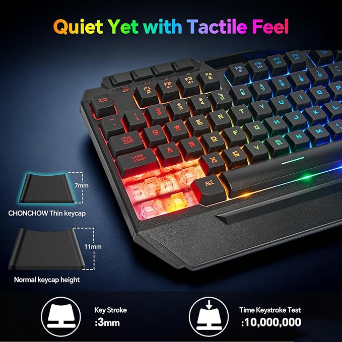 CHONCHOW Gaming Keyboard and Mouse Combo, USB Wired RGB Backlit Anti-Ghosting Silent Keyboard with Ergonomic Wrist Rest & Phone Holder, 7D 7200DPI Gaming Mouse for PC Gamer Xbox PS4 PS5 (RGB-Black)