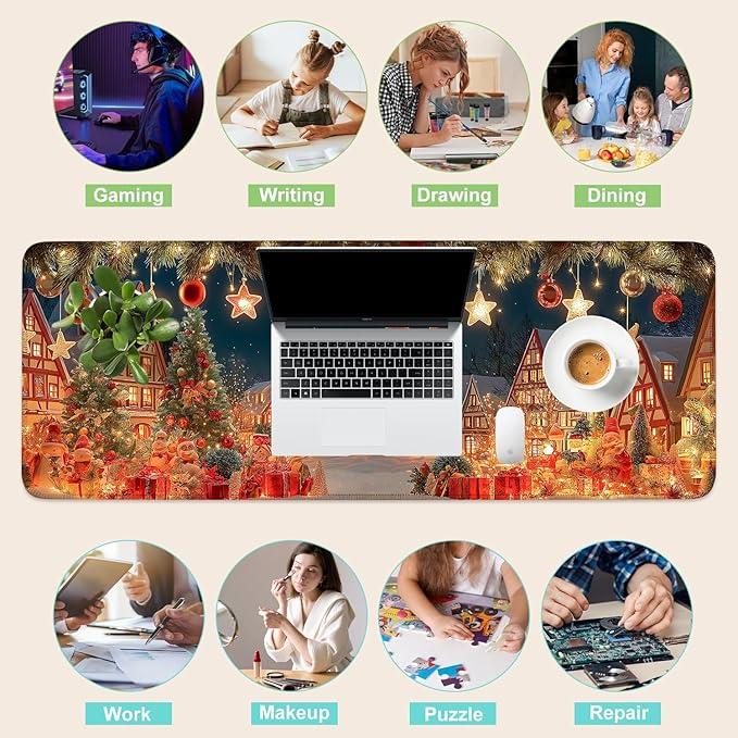 Desk Mat, XXL Extended Gaming Pad for Desktop, 31x12 Inches Village with Trees and Lights, Large Non-Slip Vegan Leather Keyboard and Mouse Mat for Home Office