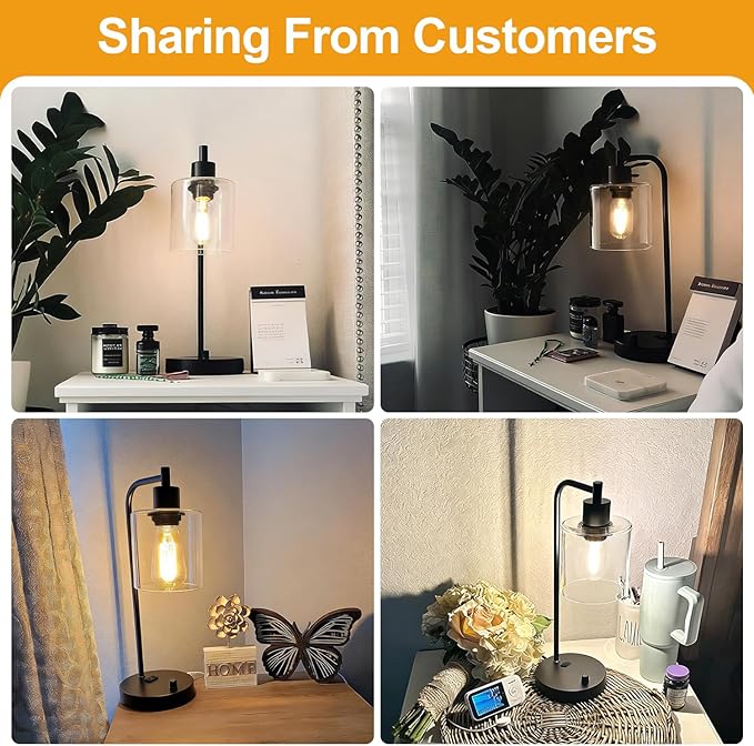 Set of 2 Industrial Table Lamps with USB C+A Ports and Outlet, Fully Stepless Dimmable Bedside Lamps for Bedrooms, Nightstand Desk Lamp with Glass Shade for Reading Living Room Office (Bulbs Included)