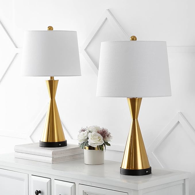 Eyely EYL4046B-SET2 Norris 26" Classic French Country Iron LED Table Lamp with USB Charging Port for Reading Room, Living Room, Office, Bedroom, Farmhouse, Coastal, Brass Gold (Set of 2)