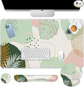 Britimes Green Boho Leaves Keyboard Mouse Pad Set 4in1 Large Mousepad+Keyboard Wrist Rest+Mouse Wrist Rest+Coaster Set with Ergonomic Design for Home Office Computer 35.4x15.7 inches