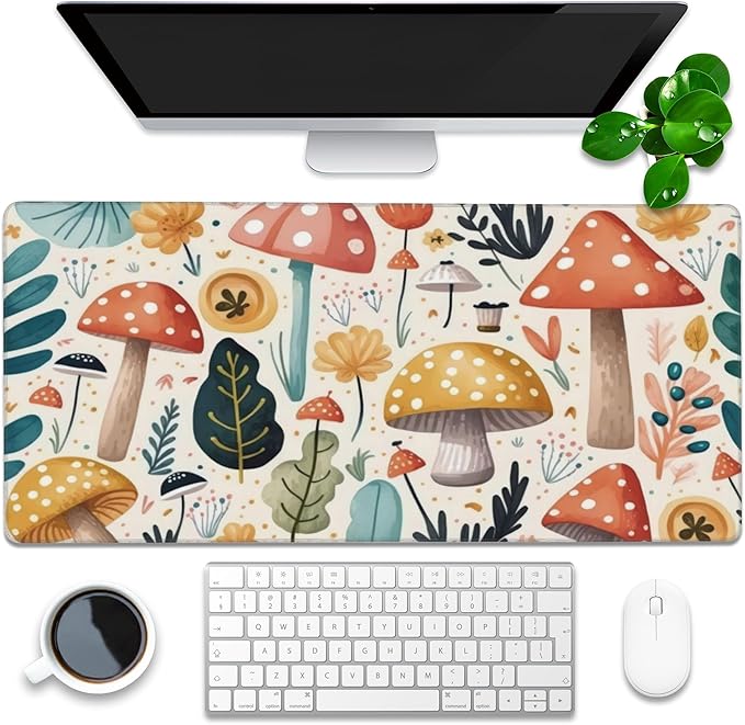 Desk Pad, Hand Drawn Charming Mushroom and Leaves Extended Gaming Mouse Pad Large, 35.4"x15.7" Big Mouse Pad with Non-Slip Base and Stitched Edge, Long Computer Keyboard Mouse Mat for Home Office Work