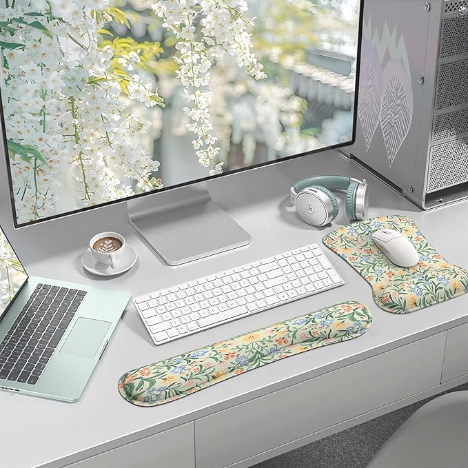 iCasso Ergonomic Mouse Pad, Keyboard Wrist Rest, Memory Foam Mousepad with Wrist Support, Easy Typing and Relieve Wrist Pain Keyboard Pad for Computer(Green Floral)