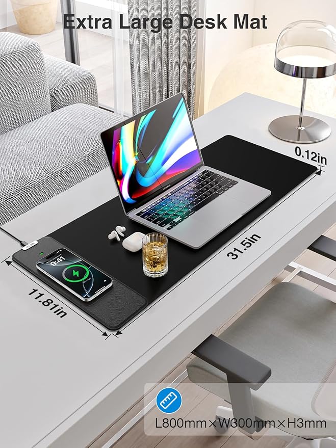 2-in-1 Mouse Pad with Wireless Charging, Gaming Mouse Pad, 31.5"x11.8" Large Desk Mat for Laptop/Keyboard, Waterproof Smooth Surface, Non-Slip Base, No Adapter