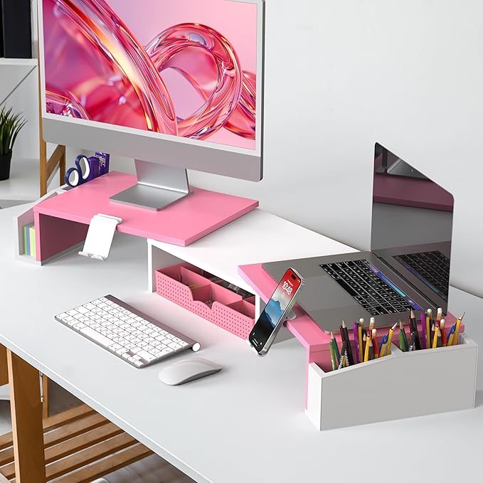 Simple Houseware Desk Dual Monitor Stand Riser with Drawer, Pink