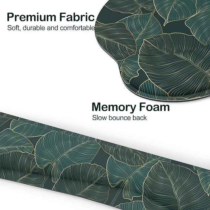 Ergonomic Mouse Pad with Wrist Rest and Keyboard Wrist Rest, Mousepad and Wrist Rest for Computer Keyboard, Non-Slip Base, Mouse Pad Wrist Support for Gaming, Office, Green Palm Leaf