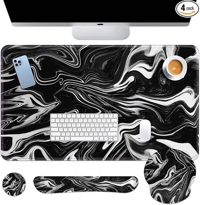 Britimes Black White Marble Keyboard Mouse Pad Set 4in1 Large Mousepad+Keyboard Wrist Rest+Mouse Wrist Rest+Coaster Ergonomic Design for Home Office Computer 35.4x15.7 inches