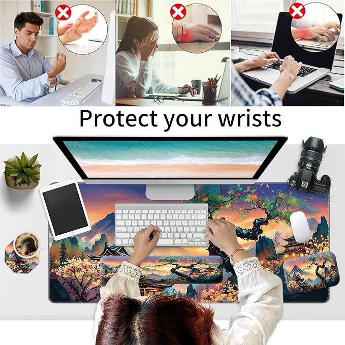 4PC Japanese Large Gaming Mouse Pad + Memory Foam Ergonomic Keyboard Wrist Rest Support + Wrist Rest + Coaster, Extended Desk Pad Set, Stitched Edge Non Slip Desk Mat for Office & Home, Japanese