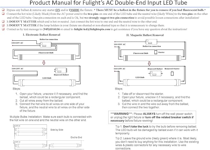 (4-Pack) Not-a-Plug-and-Play (Type B) & Full Spectrum T8 LED Tube Light - 4FT 48-Inch, 18W, Soft White 3000K, F32T8, F34T12/WW, Double-End Powered, 85-265V AC - 95CRI + Flicker Free