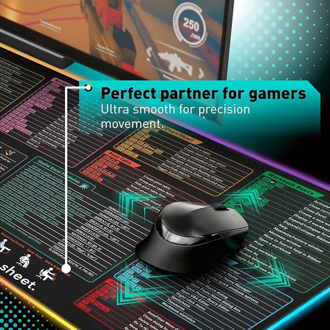 Excel Shortcut Keys LED Mouse Pad - Colorful RGB Luminous Extended Large Cheat Sheet Gaming Mousepad| PC Office Spreadsheet Keyboard Mat| Non-Slip Stitched Edge