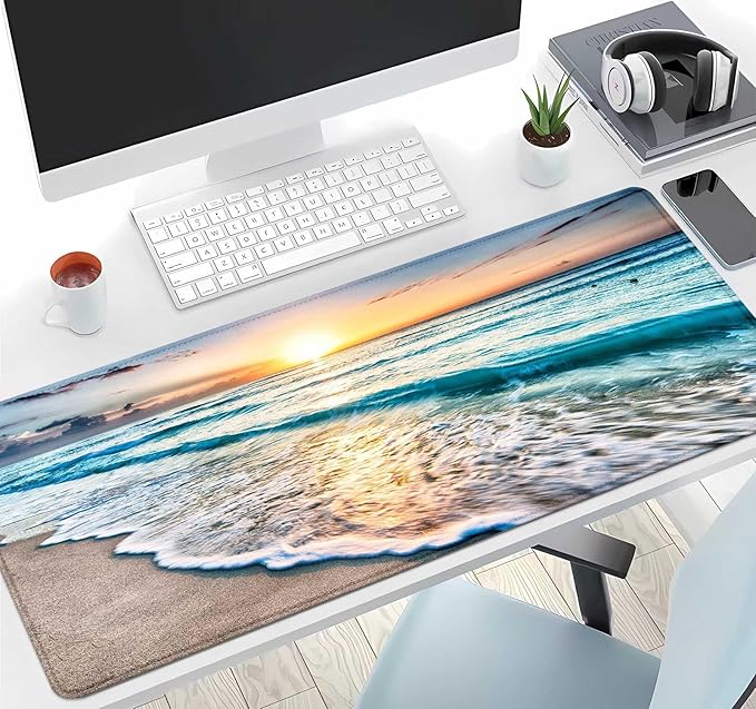 IMAYONDIA Large Mouse Pad, Non-Slip Rubber Base Mousepad with Stitched Edges, Keyboard Mouse Mat Desk Pad for Work, Game, Office, 31.5x11.8 Inch - Sunset or Sunrise Beach