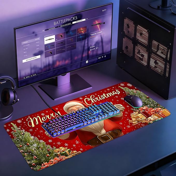 Desk Mat, XXL Extended Gaming Pad for Desktop, 31x12 Inches Jolly Santa with Tree, Large Non-Slip Vegan Leather Surface with Stitched Edges, Keyboard Mouse Mat for Home Office