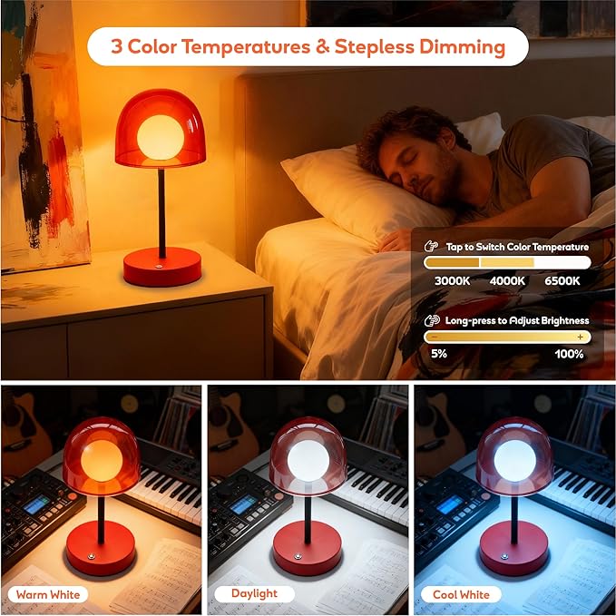 Small Mushroom Lamp Cordless, LED Wireless Mini Lamp Dimmable, Funky Battery Powered Lamp IP44, Orange Accent Lamp for Kitchen Counter Bathroom Dining Room, 7.7" W x 10.6" H (Reddish Orange)